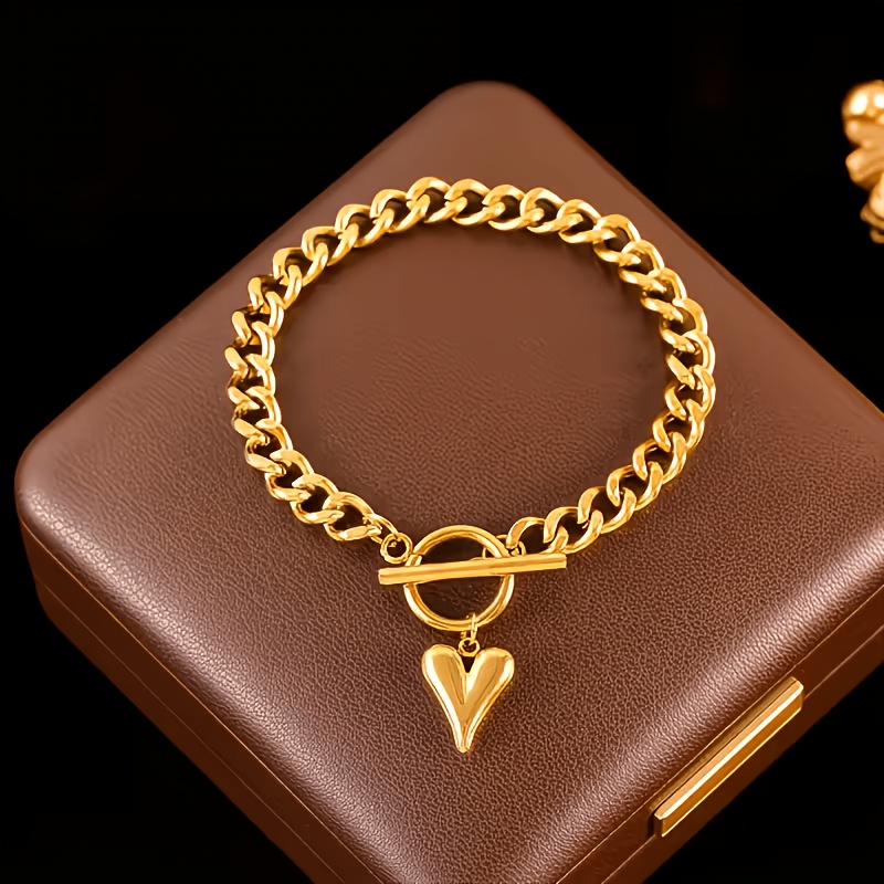 Stylish Stainless Steel Cuban Link Heart-Shaped Pendant Bracelet